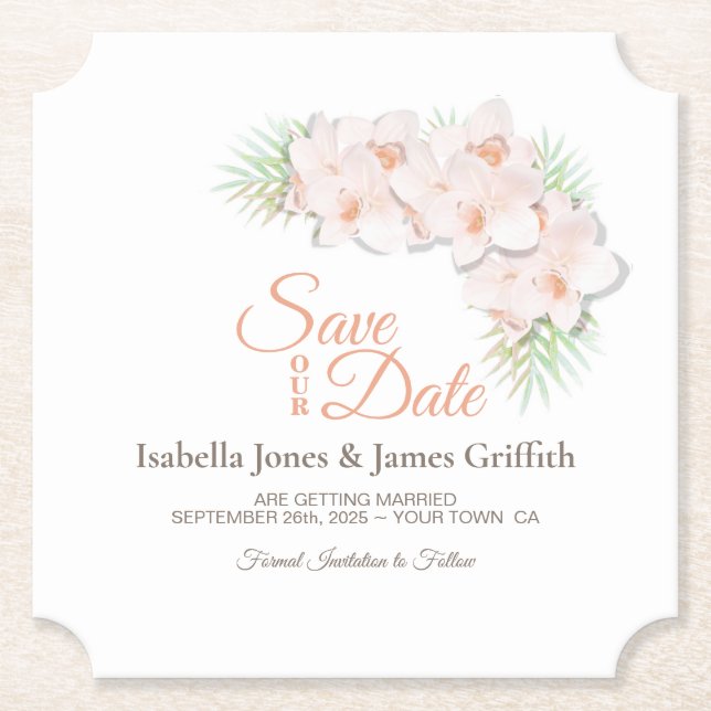Posavasos De Papel Boda Orquídea Rosada Guardar la fecha (Anverso)
