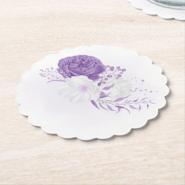 Posavasos De Papel boda romántico blanco y morado (En perspectiva)