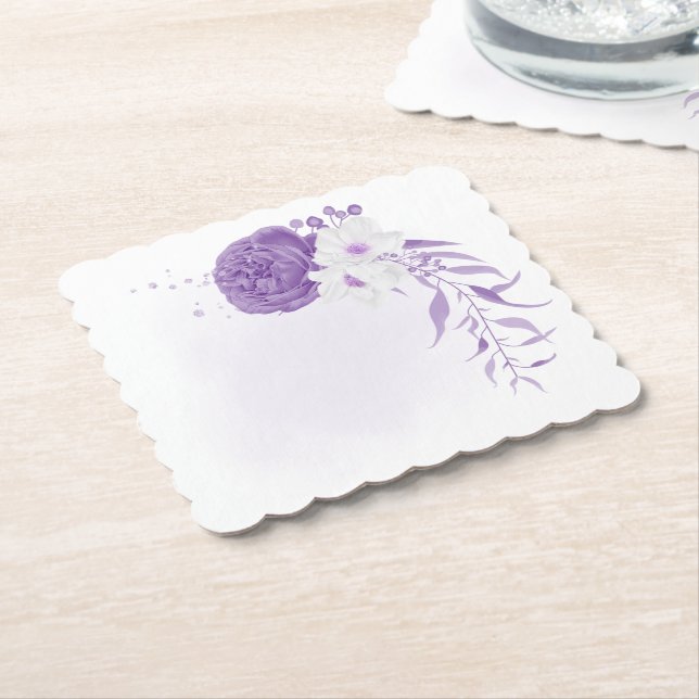 Posavasos De Papel boda romántico blanco y morado (En perspectiva)