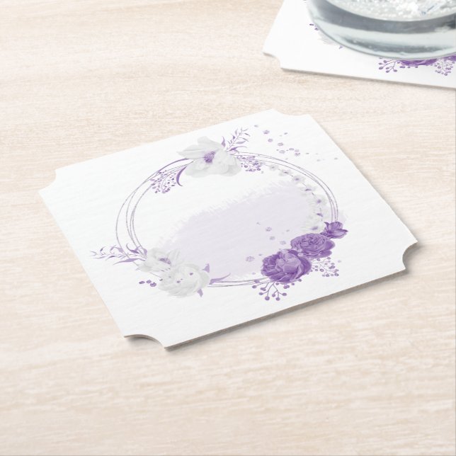 Posavasos De Papel boda romántico blanco y morado (En perspectiva)