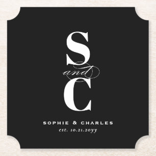 Posavasos De Papel Bodas en blanco y negro con iniciales elegantes y