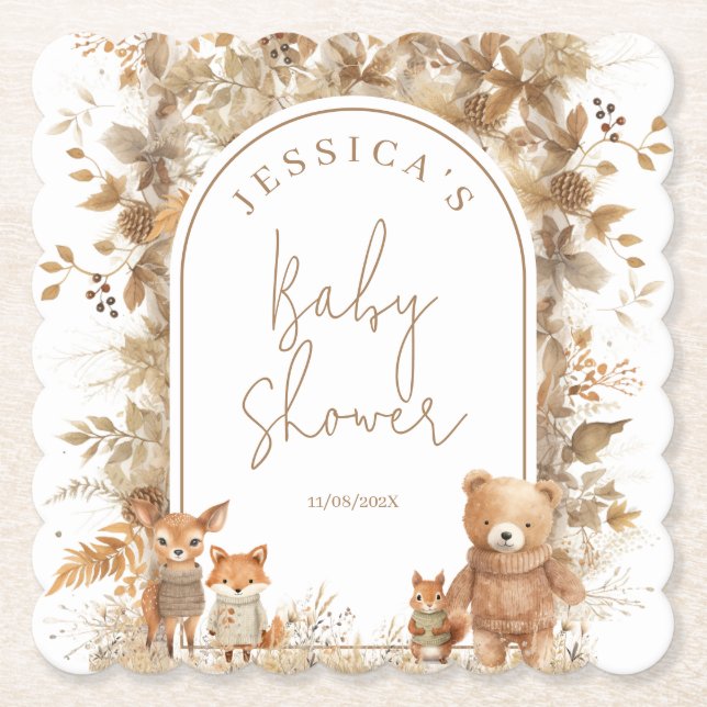 Posavasos De Papel Boho Arch Fall Woodland Animals Baby Shower (Anverso)