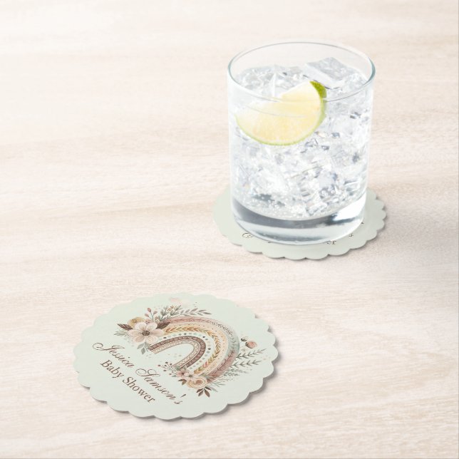 Posavasos De Papel Boho Arcoiris Y Flores Baby Shower (In situ)