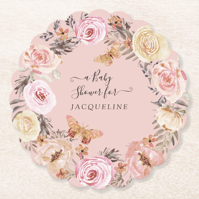 Posavasos De Papel Boho Floral acuarela Polvorienta Bebé Rosa Ducha (Anverso)
