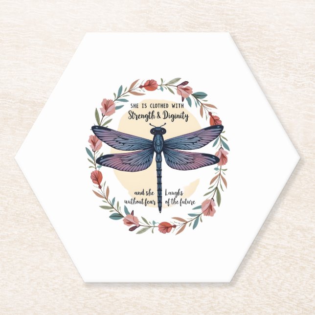 Posavasos De Papel Boho Floral Dragonfly Está Vestida Con Fuerza (Anverso)