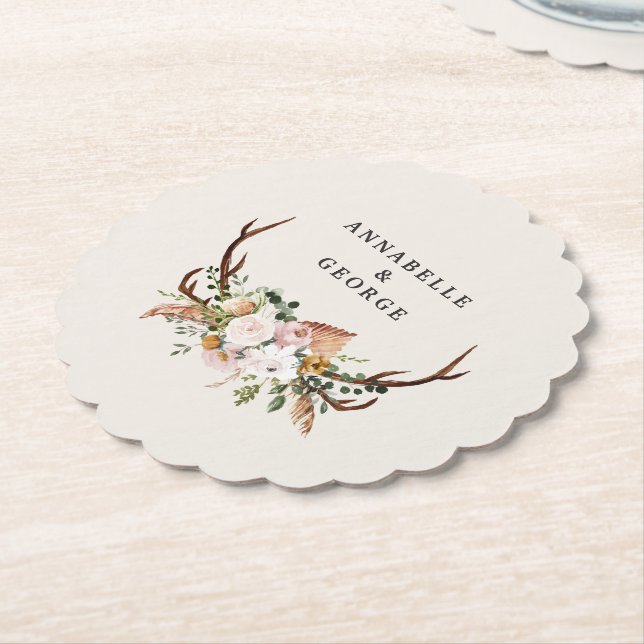 Posavasos De Papel Boho Wedding Rustic Antler Floral Wedding Monogram (En perspectiva)