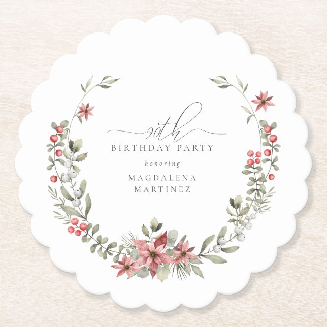 Posavasos De Papel Boho Winter Greenery Red Floral 90 cumpleaños (Anverso)