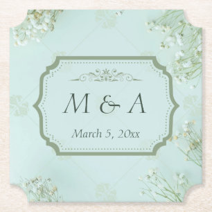 Posavasos De Papel Boleto de Boda Pastel Verde azulado de Flores Blan