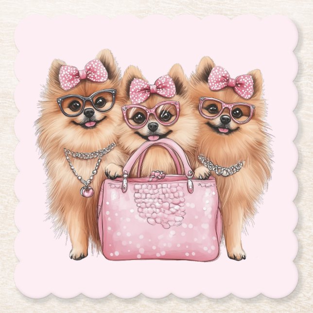 Posavasos De Papel Bolsa rosa de Perros Pomeranos de moda (Anverso)