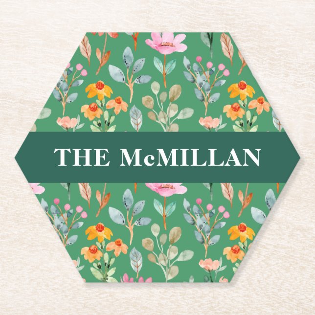 Posavasos De Papel Bonito Colorido acuarela patrón floral (Anverso)