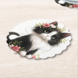 Posavasos De Papel Bonito gatito de Tuxedo con flores