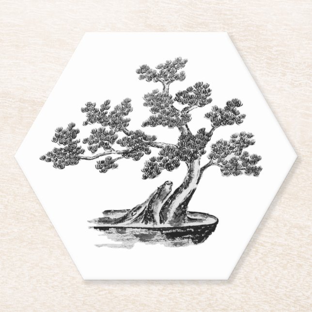 Posavasos De Papel Bonsai - Estilo chino - blanco y negro (Anverso)