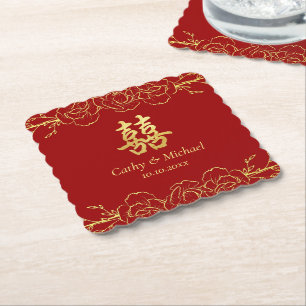 Posavasos De Papel Borde floral de oro rojo doble xi de boda china