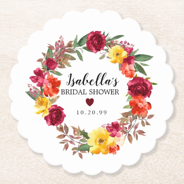 Posavasos De Papel Borgoña Rojo, Naranja amarillo Floral Bridal Showe (Anverso)