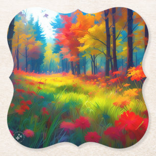 Posavasos De Papel Bosque con árboles y flores coloridos