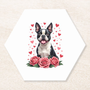 Posavasos De Papel Boston Terrier con Corazones de Rosas Rojas Día de