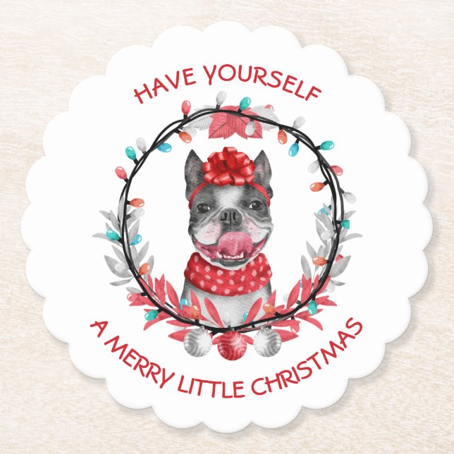 Posavasos De Papel Boston Terrier Merry Christmas (Anverso)
