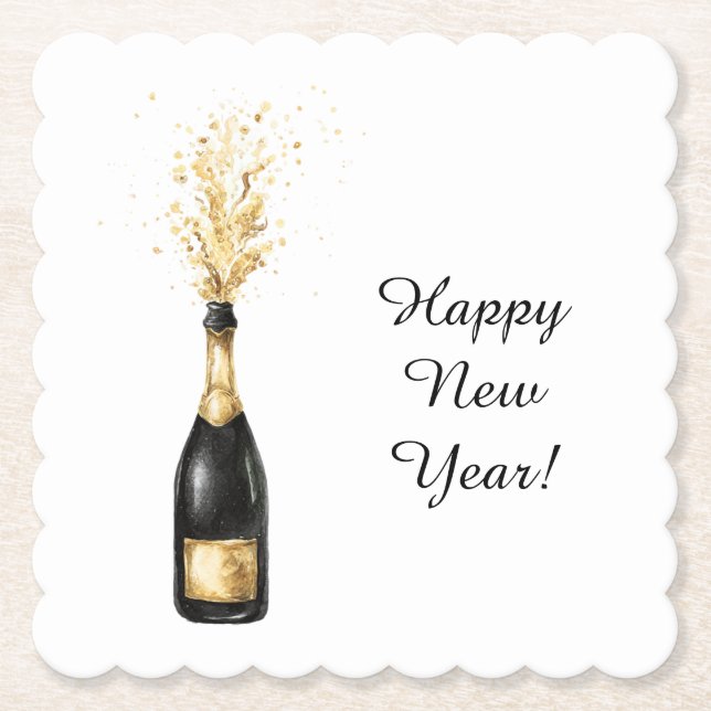 Posavasos De Papel Botella Dorada de Feliz Año Nuevo (Anverso)