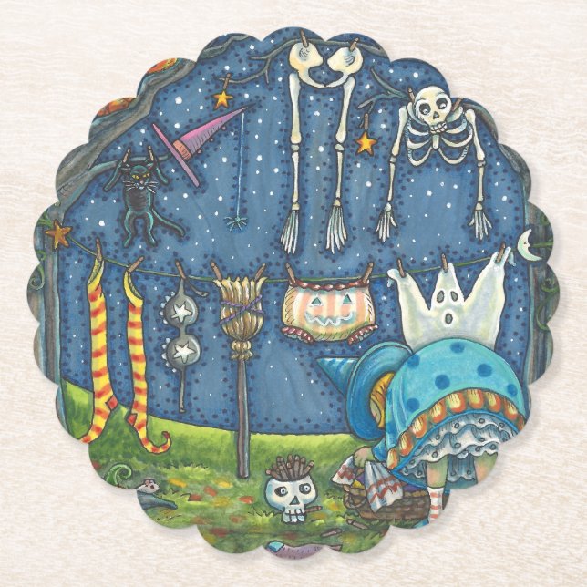 POSAVASOS DE PAPEL BRAZO HANGANDO SU GATO NEGRO, FANTASMA, LAVANDERÍA (Anverso)