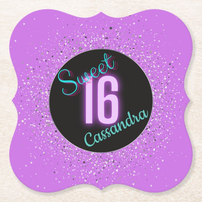 Posavasos De Papel Brillante dulce 16 morado plateado personalizado (Anverso)