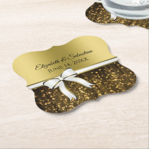 Posavasos De Papel Brillo Dorado Glam & Listón Blanco Elegante Boda