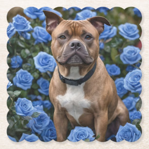 Posavasos De Papel Brown Staffy En El Jardín De Rosa Azul,