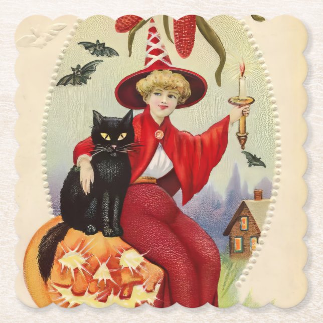 Posavasos De Papel Bruja de Halloween y gato negro (Anverso)