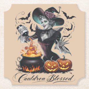 Posavasos De Papel Bruja Divertida Vintage Caldera Bendita Halloween