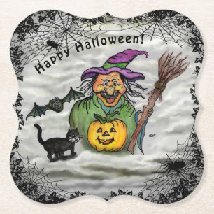 Posavasos De Papel Bruja, gato, murciélago y calabaza, ¡Feliz Hallowe