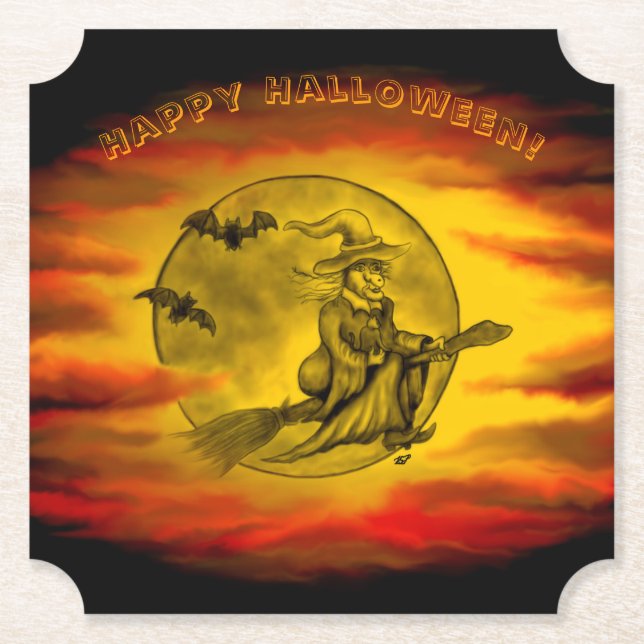 Posavasos De Papel Bruja voladora con gato negro, noche de halloween (Anverso)