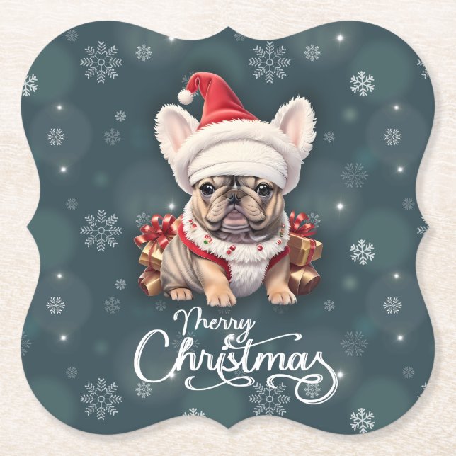 Posavasos De Papel Bulldog francés lindo Santa Hat Feliz Navidad (Anverso)