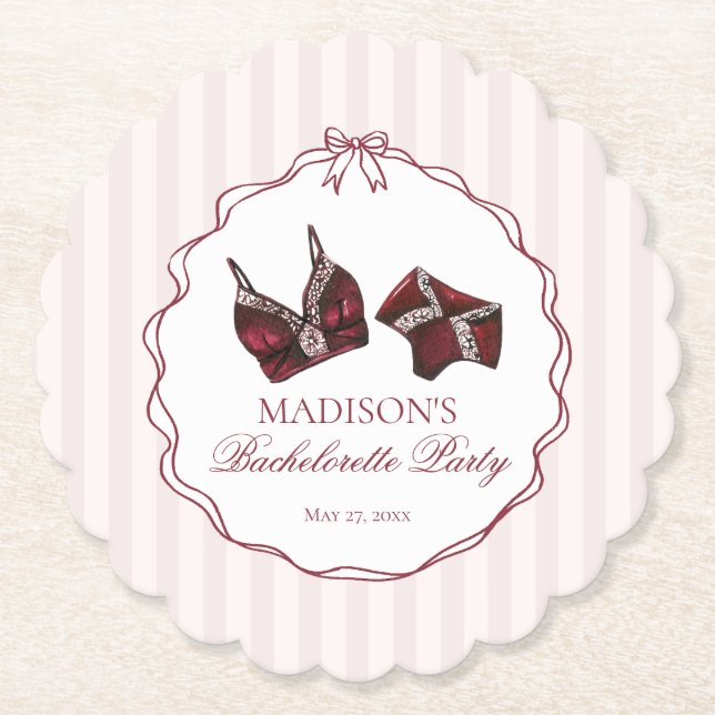 Posavasos De Papel Burgundy Red Lingerie Bachelorette Panty Party (Anverso)