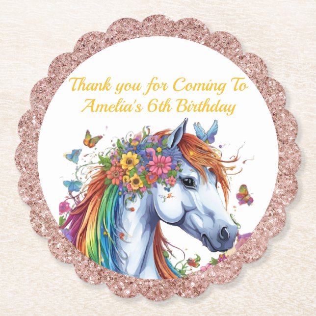 Posavasos De Papel Caballo fantástico arcoiris Floral ecuestre cumple (Anverso)