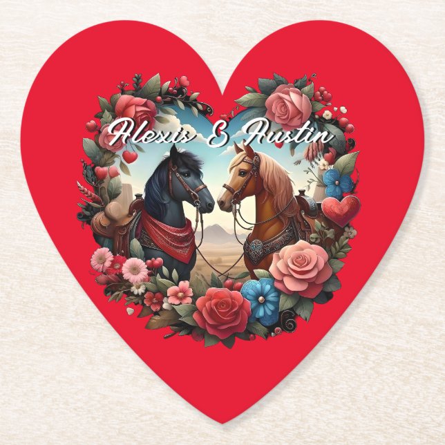 Posavasos De Papel Caballos en Corazón Rojo (Anverso)