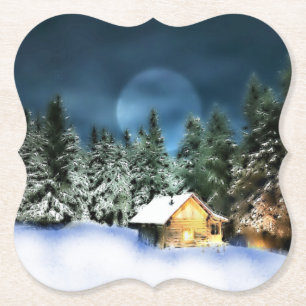 Posavasos De Papel Cabina Rustic Log con Luna Llena
