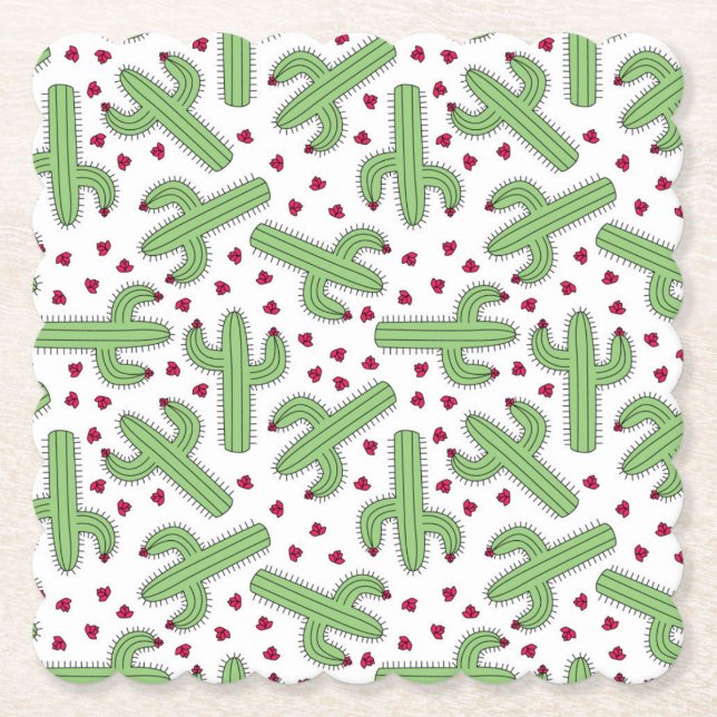 Posavasos De Papel Cactus ilustrado y modelo de flores rosado (Anverso)