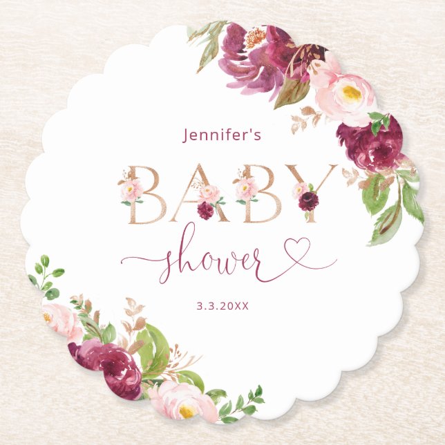 Posavasos De Papel Caer burgundy floral Relieve metalizado de oro beb (Anverso)