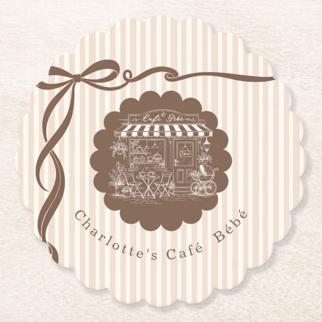Posavasos De Papel Cafe Bebe Café Bow Rayas Baby Shower (Anverso)