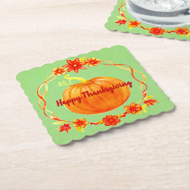 Posavasos De Papel Calabaza acuarela de Acción de Gracias al Green (En perspectiva)