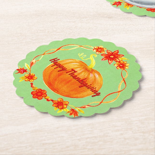 Posavasos De Papel Calabaza acuarela de Acción de Gracias al Green (En perspectiva)