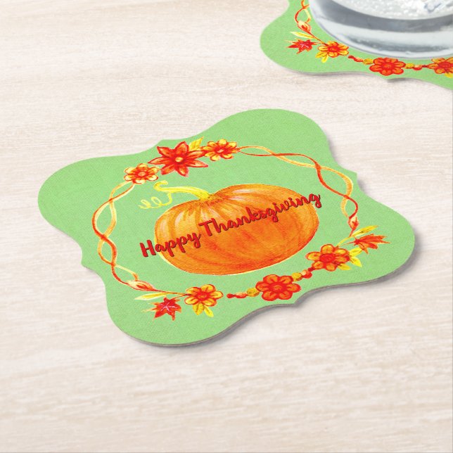 Posavasos De Papel Calabaza acuarela de Acción de Gracias al Green (En perspectiva)