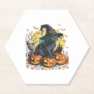 Posavasos De Papel Calabaza de Halloween de bruja de gato negro sobre