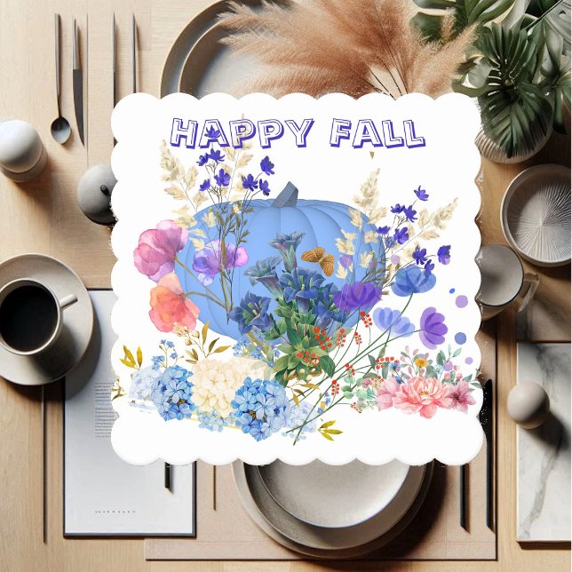 Posavasos De Papel Calabaza de otoño Pastel Azul Floral Botánica Azul (Autumn Fall Pumpkin Pastel Blue Botanical Floral Paper Coaster)