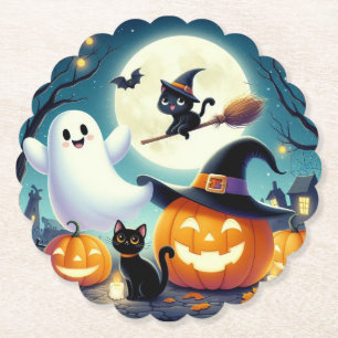 Posavasos De Papel Calabaza, gato y fantasma de Halloween.