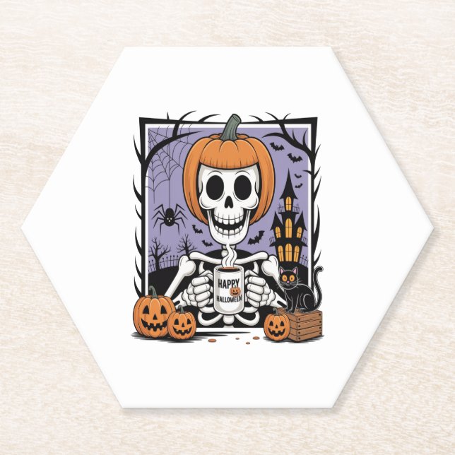 Posavasos De Papel Calabaza Skeleton Café para beber (Anverso)