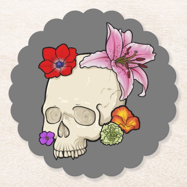 Posavasos De Papel Calavera y Flora (Anverso)