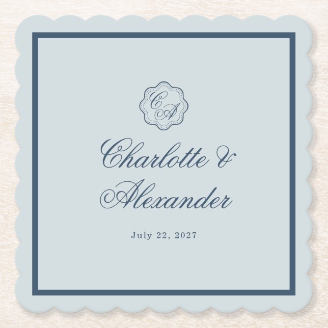 Posavasos De Papel Calligraphy Wedding Dusty Blue Paper Coaster (Anverso)