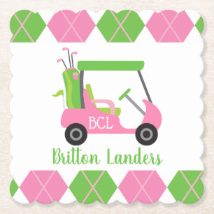 Posavasos De Papel Cámaras de papel monogramadas de golf rosa y verd
