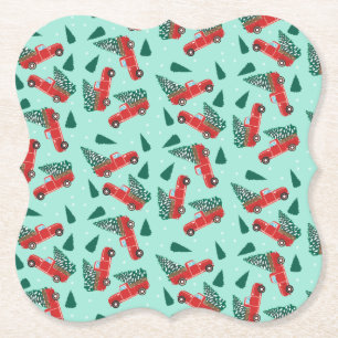 Posavasos De Papel Camión navidad Con Un Árbol Rojo