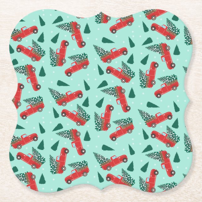 Posavasos De Papel Camión navidad Con Un Árbol Rojo (Anverso)